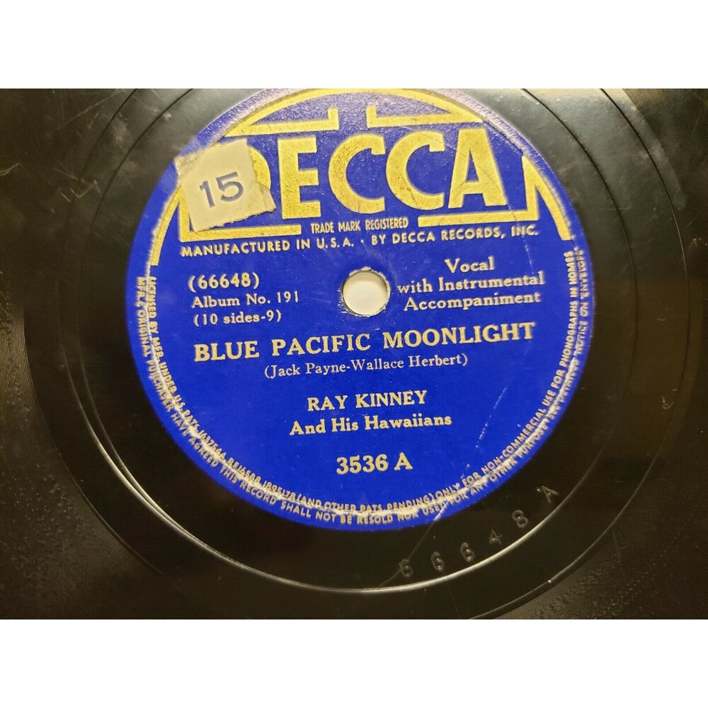 Record 78RPM Blue Pacific Moonlight - Honolulu - Ray Kinney & His Hawaiians